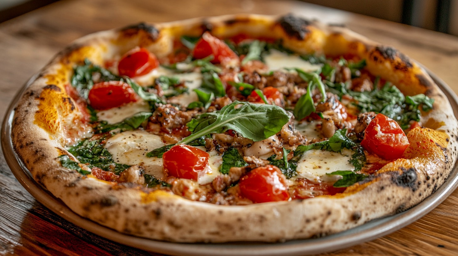 Close-up of a wood-fired pizza topped with fresh spinach, tomatoes, mozzarella, and arugula on a rustic plate