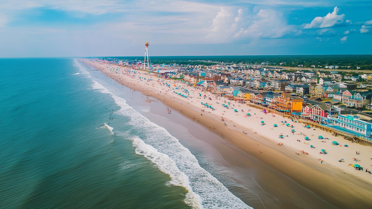 Aerial view of a colorful beachfront community with sandy shores, turquoise water, and beachgoers enjoying the summer